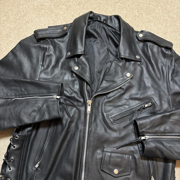 Leather Motorcycle Jacket Mens 44 Black Belted Side Lace Biker Zip Pockets - Picture 2 of 16